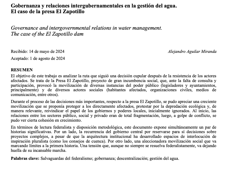 Gobernanza y relaciones intergubernamentales en la gestión del agua. El caso de la presa El Zapotillo (UAEM)
